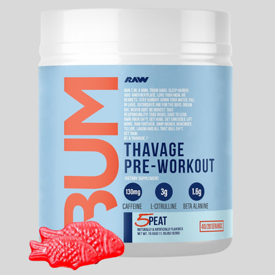RAW Pre Workout Powder, Thavage (5 Peat, Red Gummy) - Chris Bumstead Sports Nutrition Supplement for Men & Women