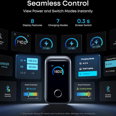 Smart touch display with charging modes and screen switch features on a dark background
