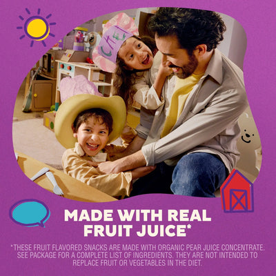Family with children in a room, promotional text about real fruit juice, and colorful graphics on a purple background.
