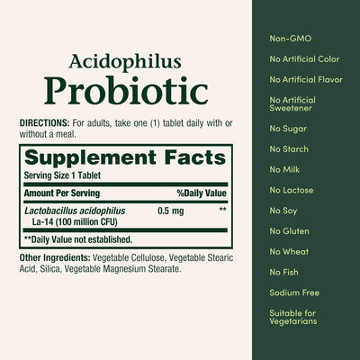 Supplement label for Acidophilus Probiotic with directions and supplement facts.