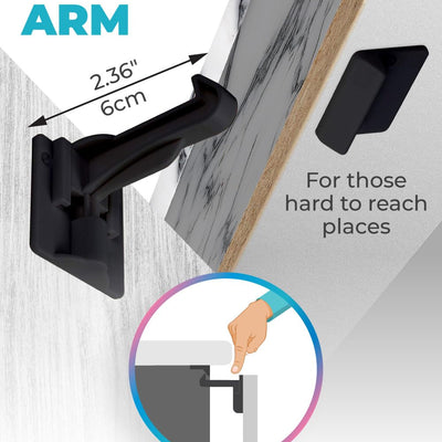 Black latch arm with longer arm design for kitchen cabinets with countertop overhangs.