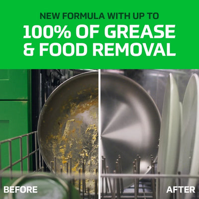 Before and after comparison of a greasy pan cleaned by a dishwashing product with text about grease and food removal.