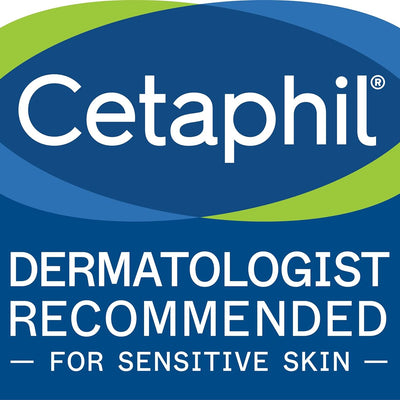 Cetaphil logo with 'Dermatologist Recommended for Sensitive Skin' text on a blue background
