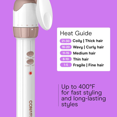 Hair styling tool with heat guide and Conair branding on a purple background