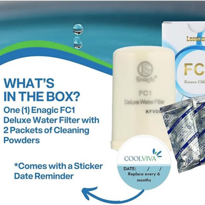 Enagic FC1 Deluxe Water Filter with cleaning powders and a Coolviva sticker on a blue and white background.