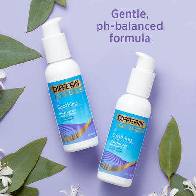Two bottles of Differin moisturizer on a purple background with green leaves and flowers.