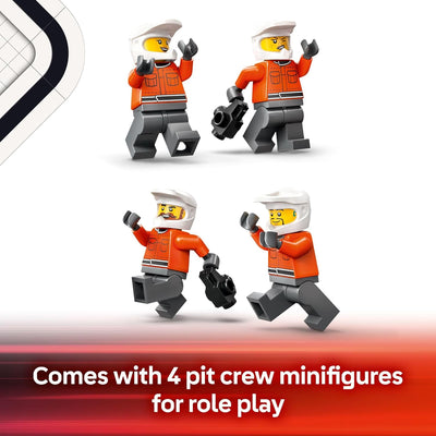 Four pit crew minifigures in orange and gray outfits with helmets on a white background.