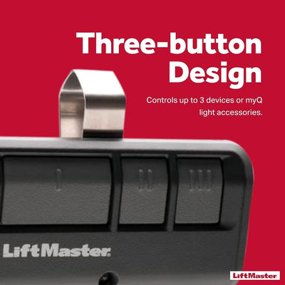 LiftMaster three-button control with red background and text highlighting feature.
