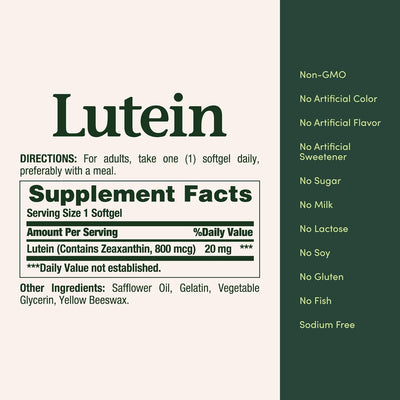 Lutein supplement label with directions and supplement facts on a green and white background.