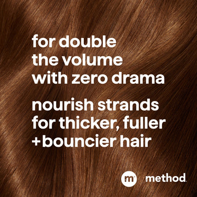 Brown hair with text about Method product for volume and thickness.
