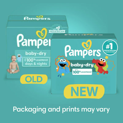 Two Pampers baby dry boxes, one labeled 'old' and the other 'new', on a teal background.
