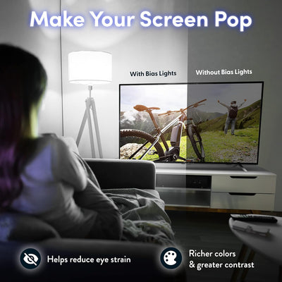 Person sitting on a couch watching a TV with two screen comparisons labeled 'With Bias Lights' and 'Without Bias Lights'.