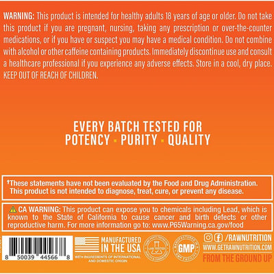 Product label with warnings, batch testing information, and manufacturing details on an orange background.