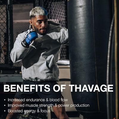Person training with a punching bag, with text about the benefits of Thavage.