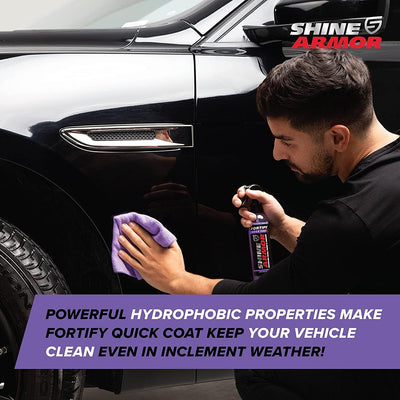 Person applying car care product to a black vehicle with 'Shine Armor' branding.