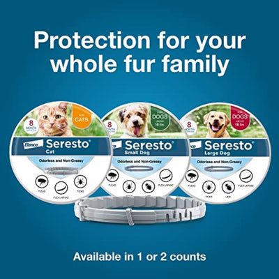 Seresto products for pets on a blue background with text 'Protection for your whole fur family'.
