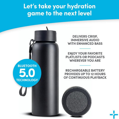 Black water bottle with Bluetooth speaker attachment on a white background